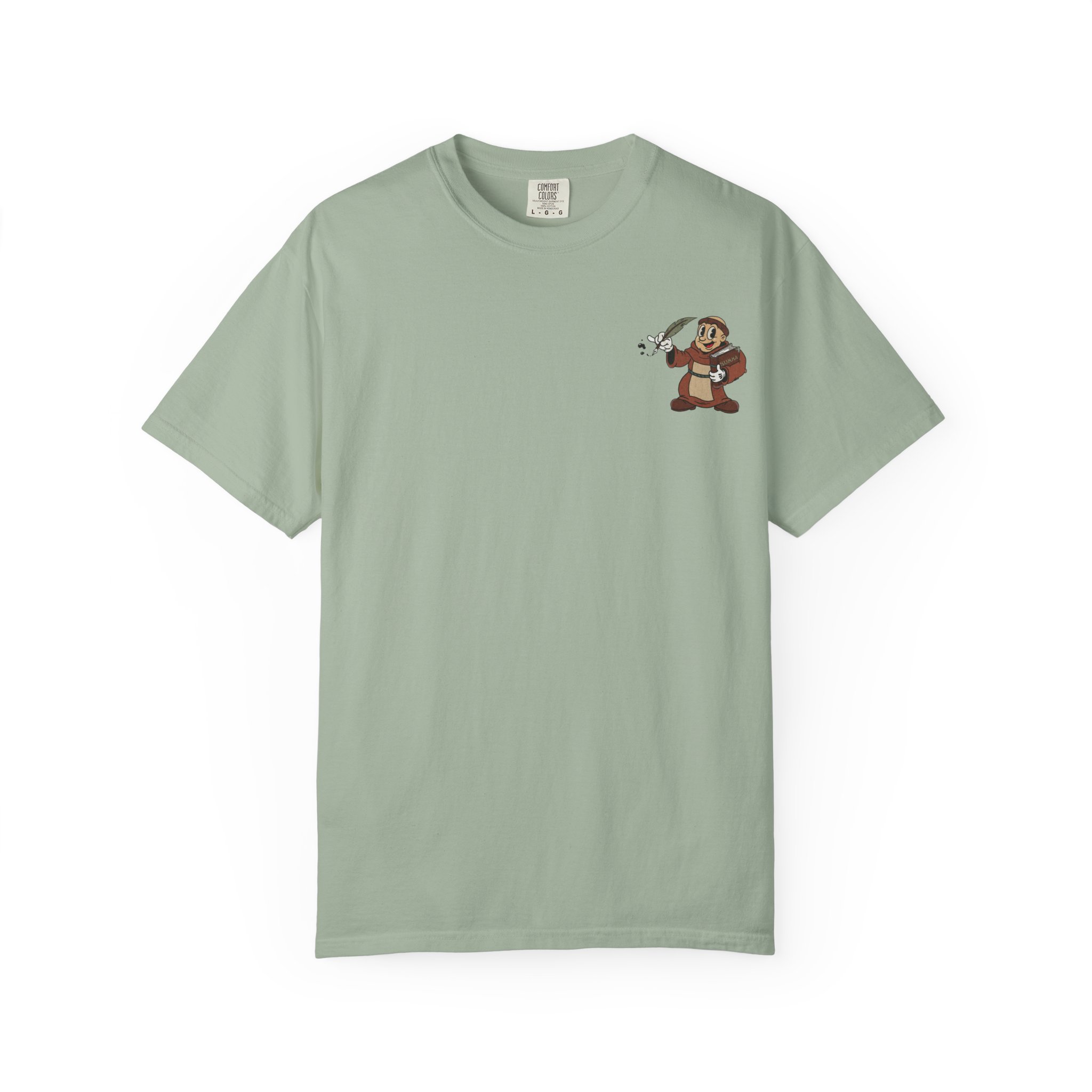 St Aquinas Scribe Character T-shirt | Vintage Cartoon Sr Aquinas with Quill - Image 9