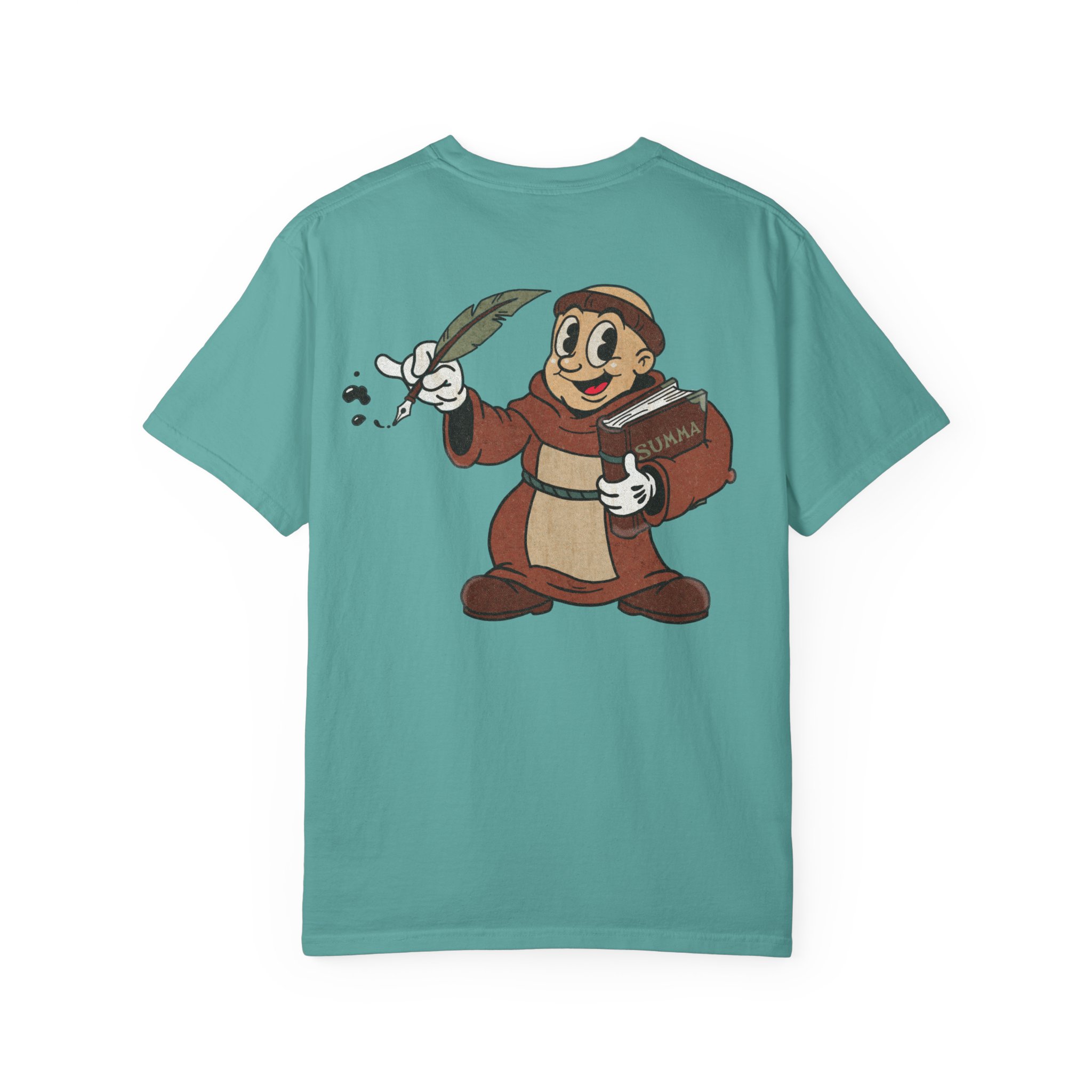St Aquinas Scribe Character T-shirt | Vintage Cartoon Sr Aquinas with Quill - Image 18