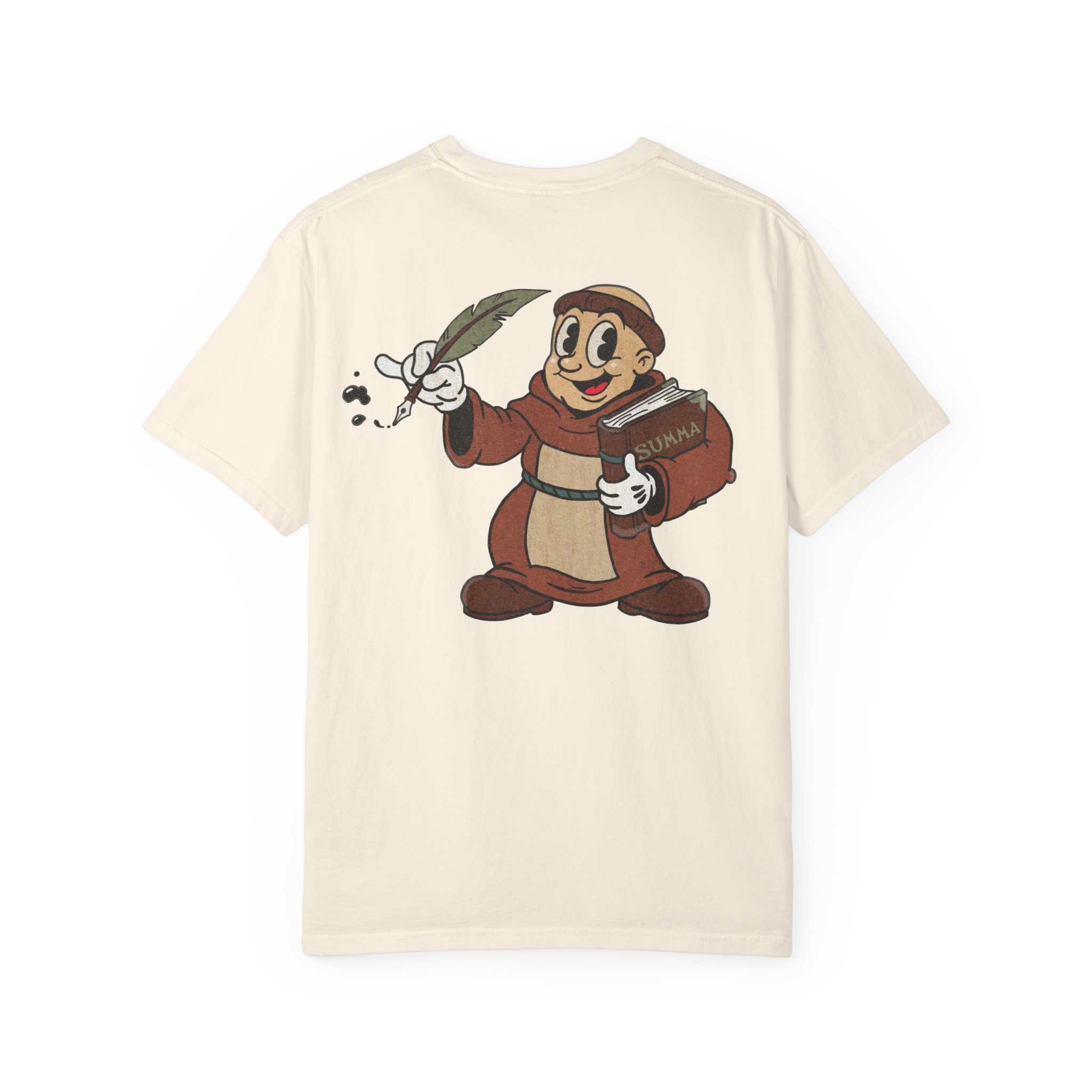 St Aquinas Scribe Character T-shirt | Vintage Cartoon Sr Aquinas with Quill - Image 2