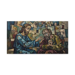 Jesus Comforting Peter Art Print | Cubist Christian Wall Art | Forgiveness and Grace | Modern Sacred Art | Catholic Home Decor