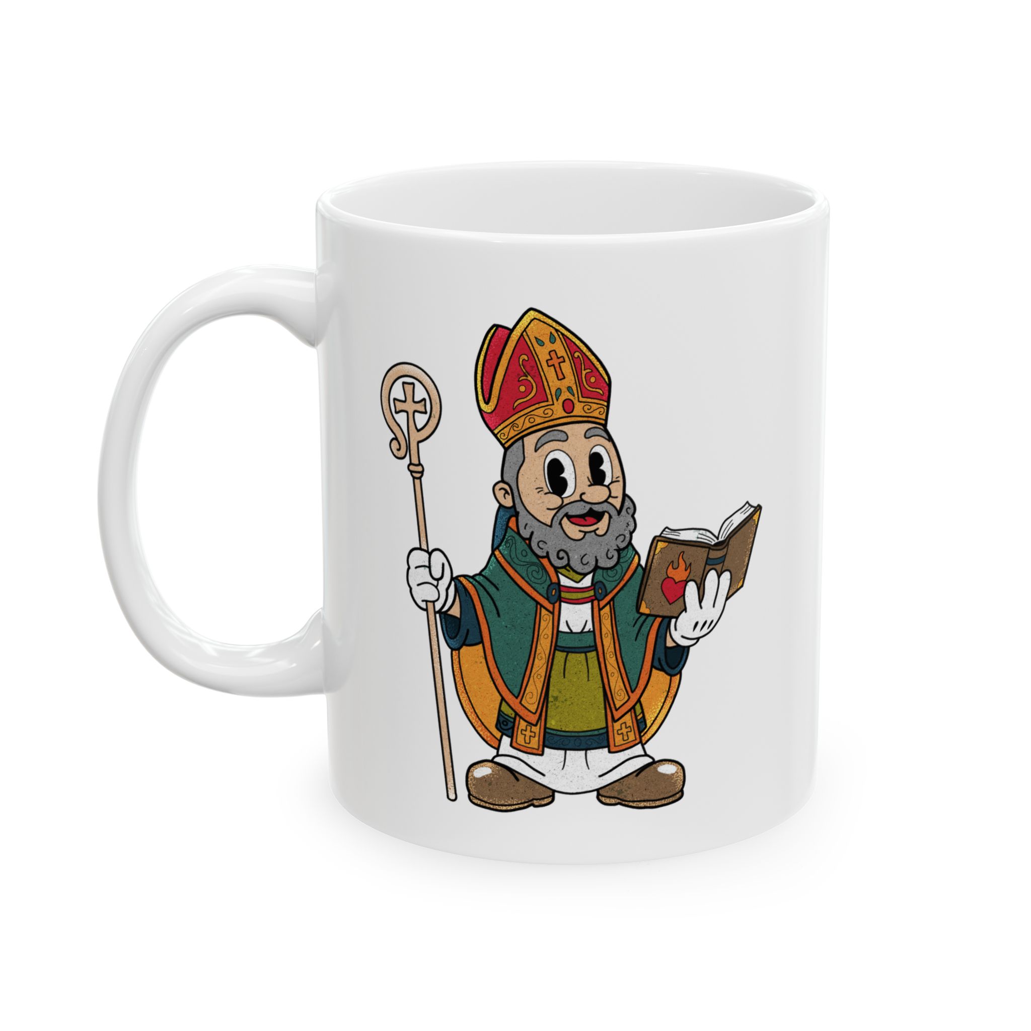 Cartoon St. Augustine Bishop Illustration Mug | Religious Clergy Coffee Cup, Bible and Crosier Design - Image 3