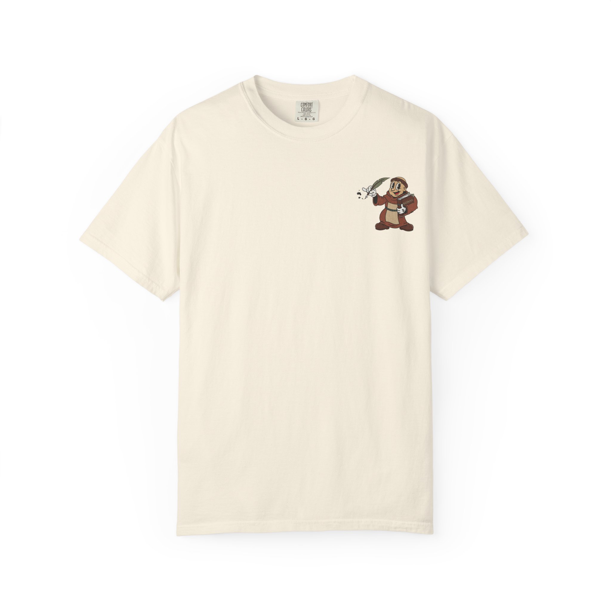 St Aquinas Scribe Character T-shirt | Vintage Cartoon Sr Aquinas with Quill