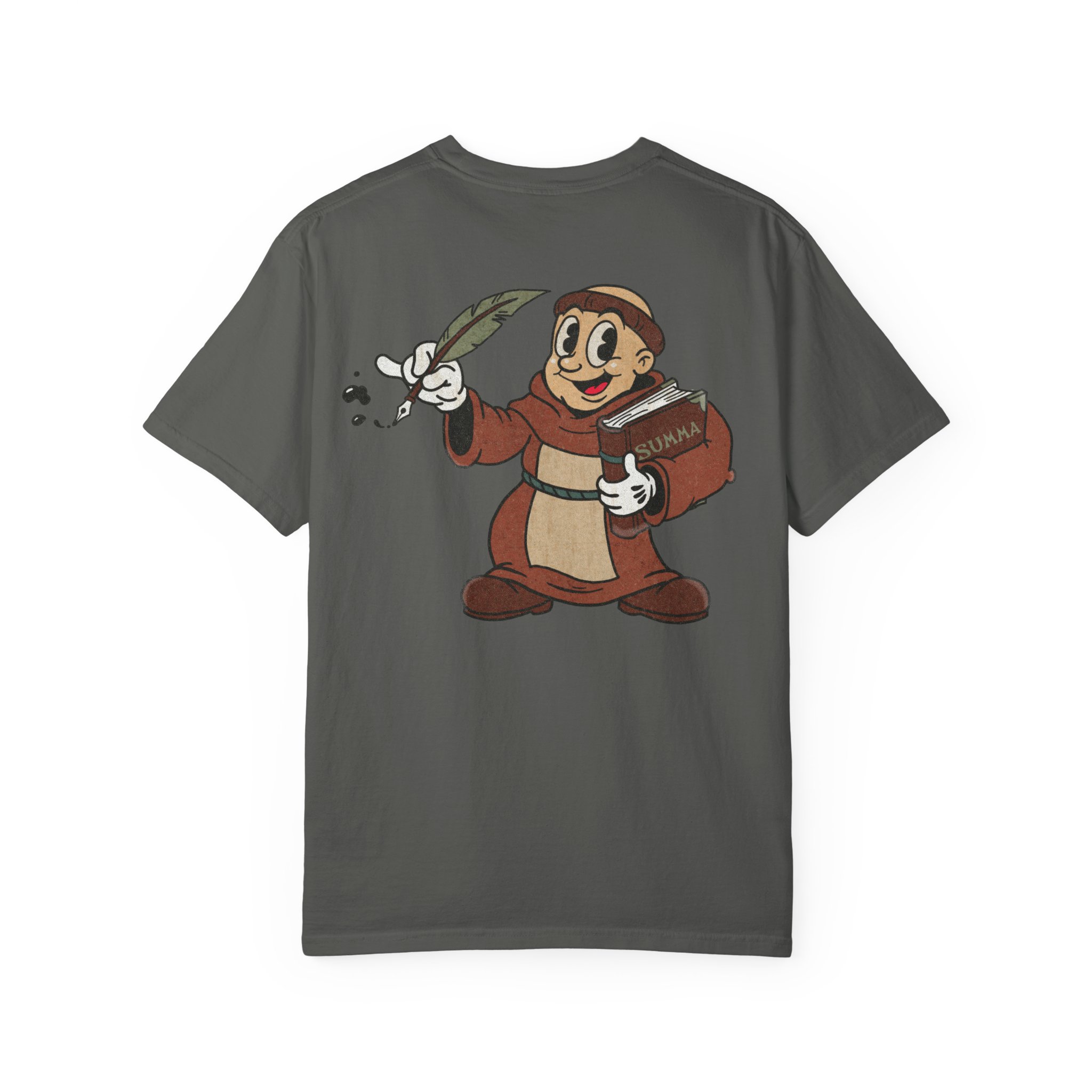 St Aquinas Scribe Character T-shirt | Vintage Cartoon Sr Aquinas with Quill - Image 6