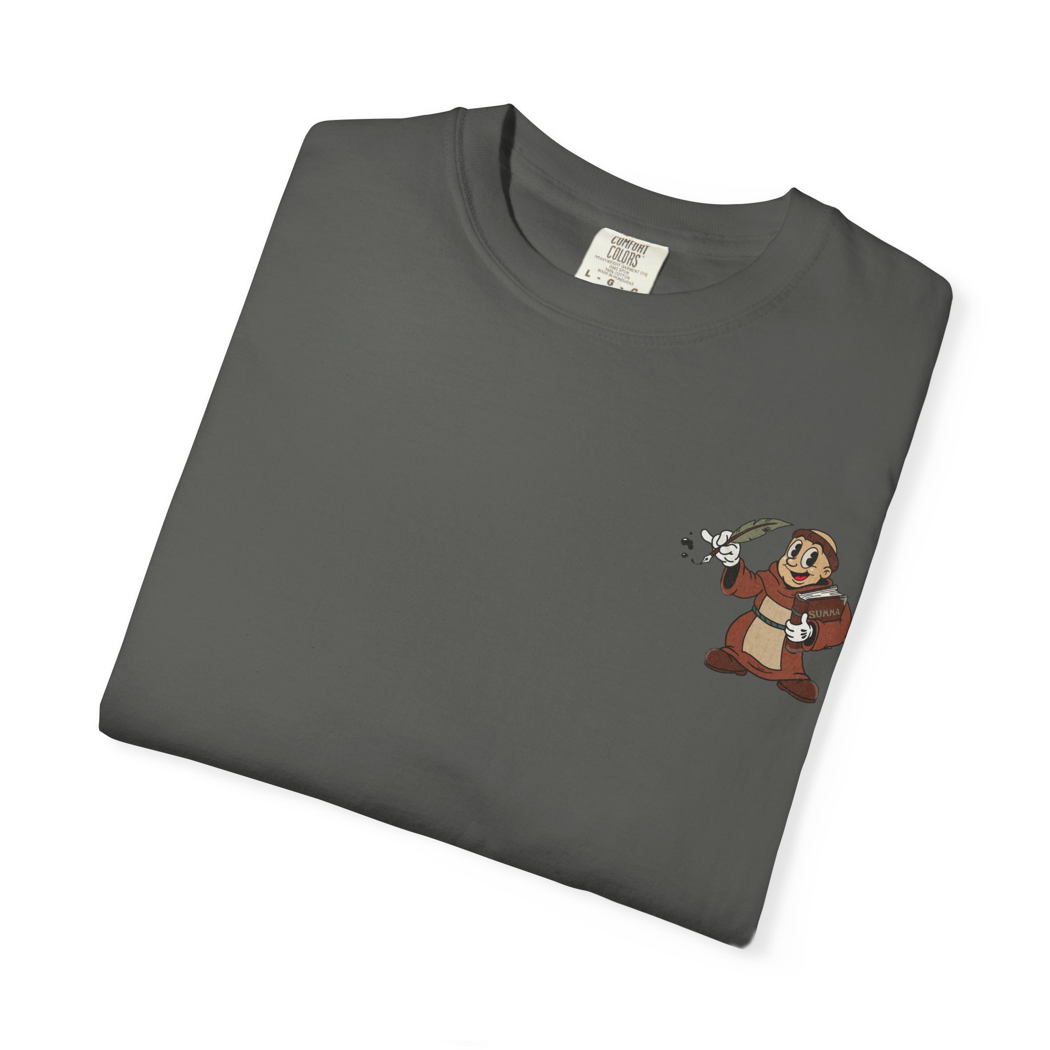 St Aquinas Scribe Character T-shirt | Vintage Cartoon Sr Aquinas with Quill - Image 7