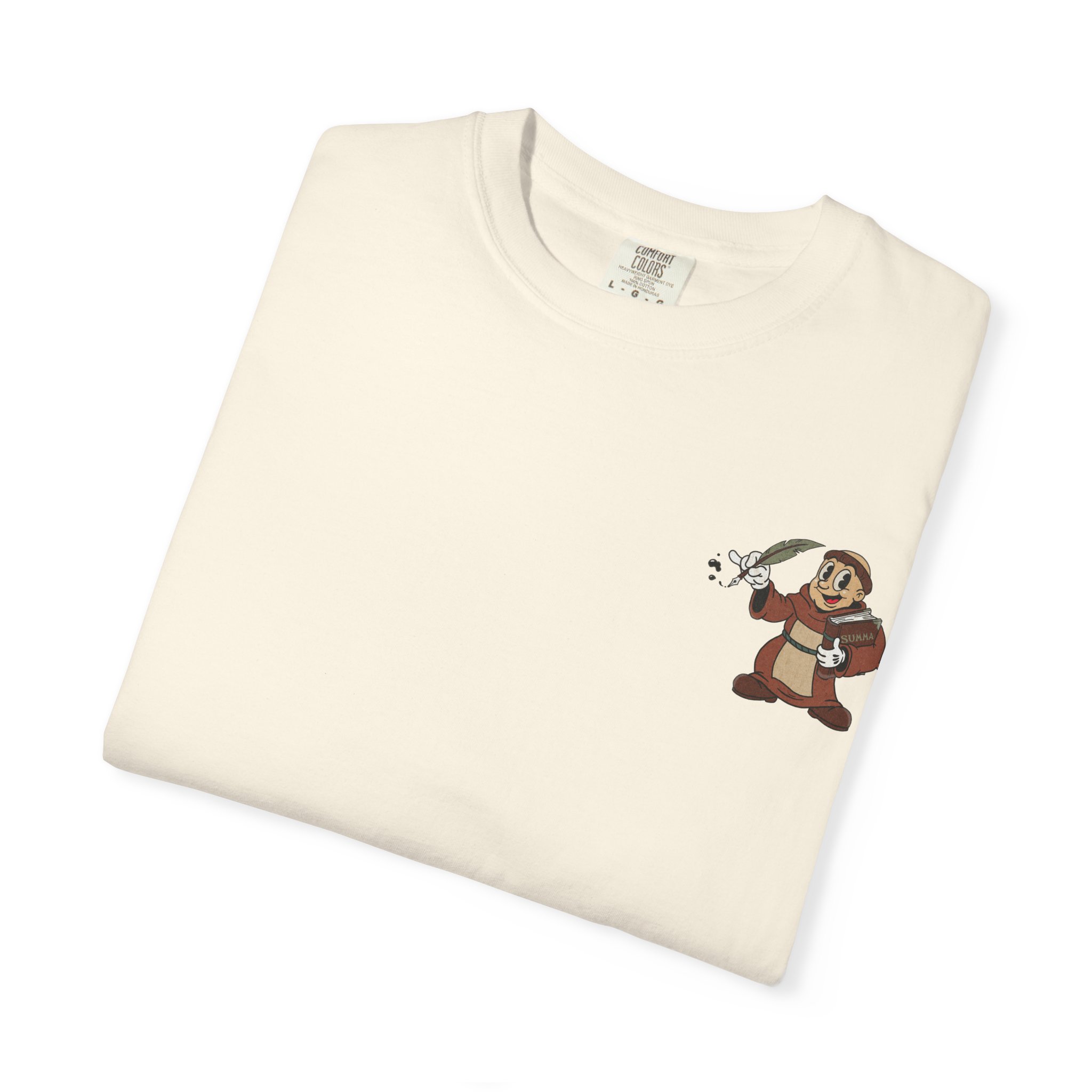 St Aquinas Scribe Character T-shirt | Vintage Cartoon Sr Aquinas with Quill - Image 3