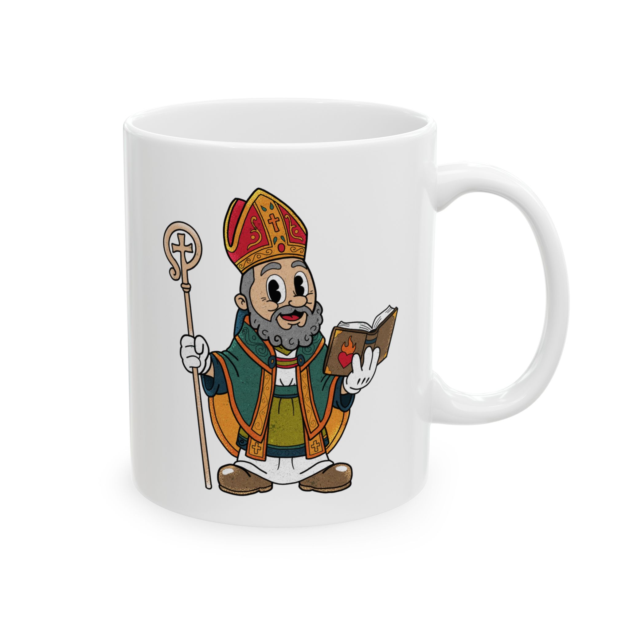 Cartoon St. Augustine Bishop Illustration Mug | Religious Clergy Coffee Cup, Bible and Crosier Design - Image 4