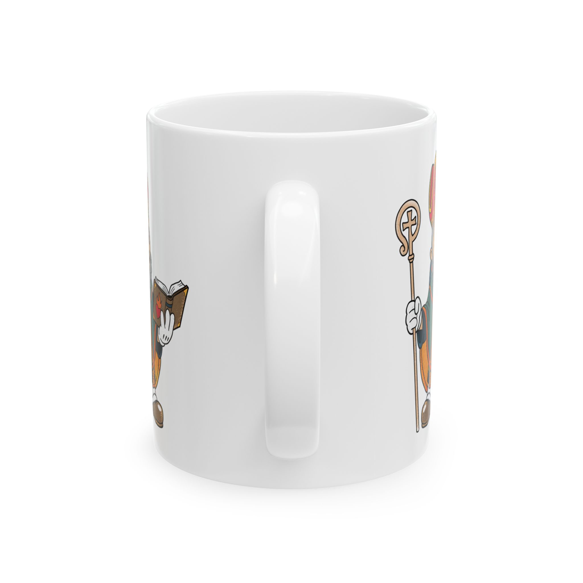 Cartoon St. Augustine Bishop Illustration Mug | Religious Clergy Coffee Cup, Bible and Crosier Design - Image 2
