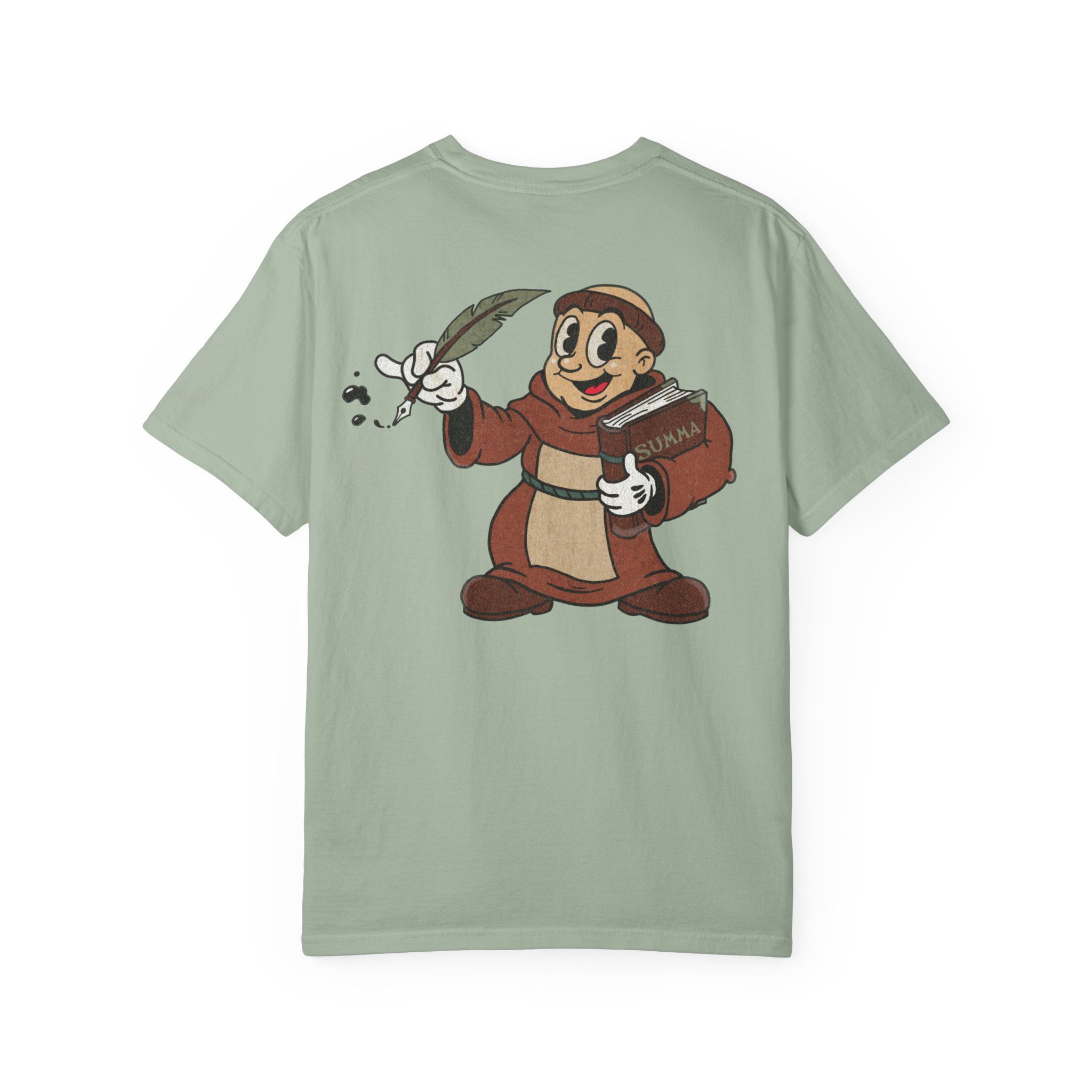 St Aquinas Scribe Character T-shirt | Vintage Cartoon Sr Aquinas with Quill - Image 10