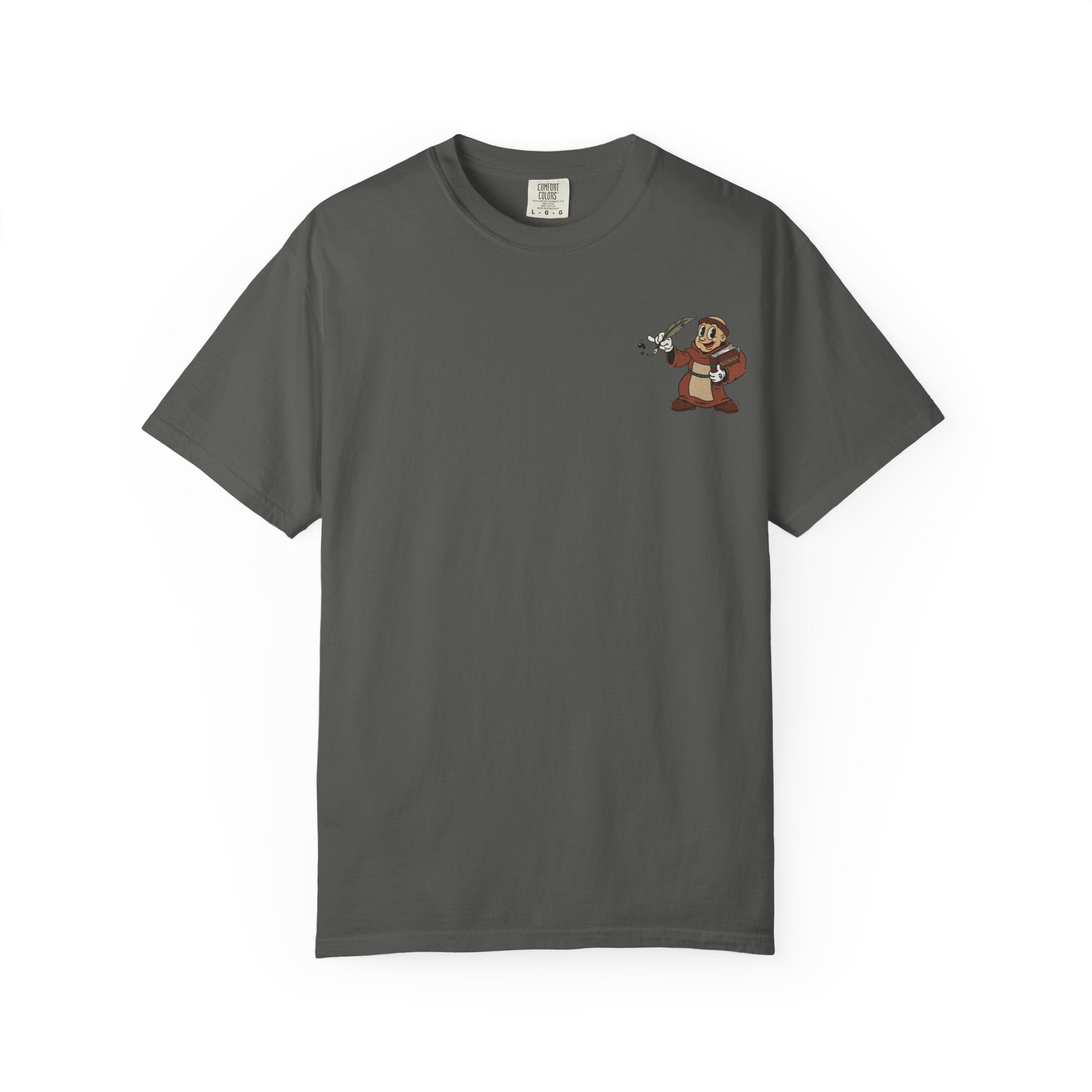 St Aquinas Scribe Character T-shirt | Vintage Cartoon Sr Aquinas with Quill - Image 5