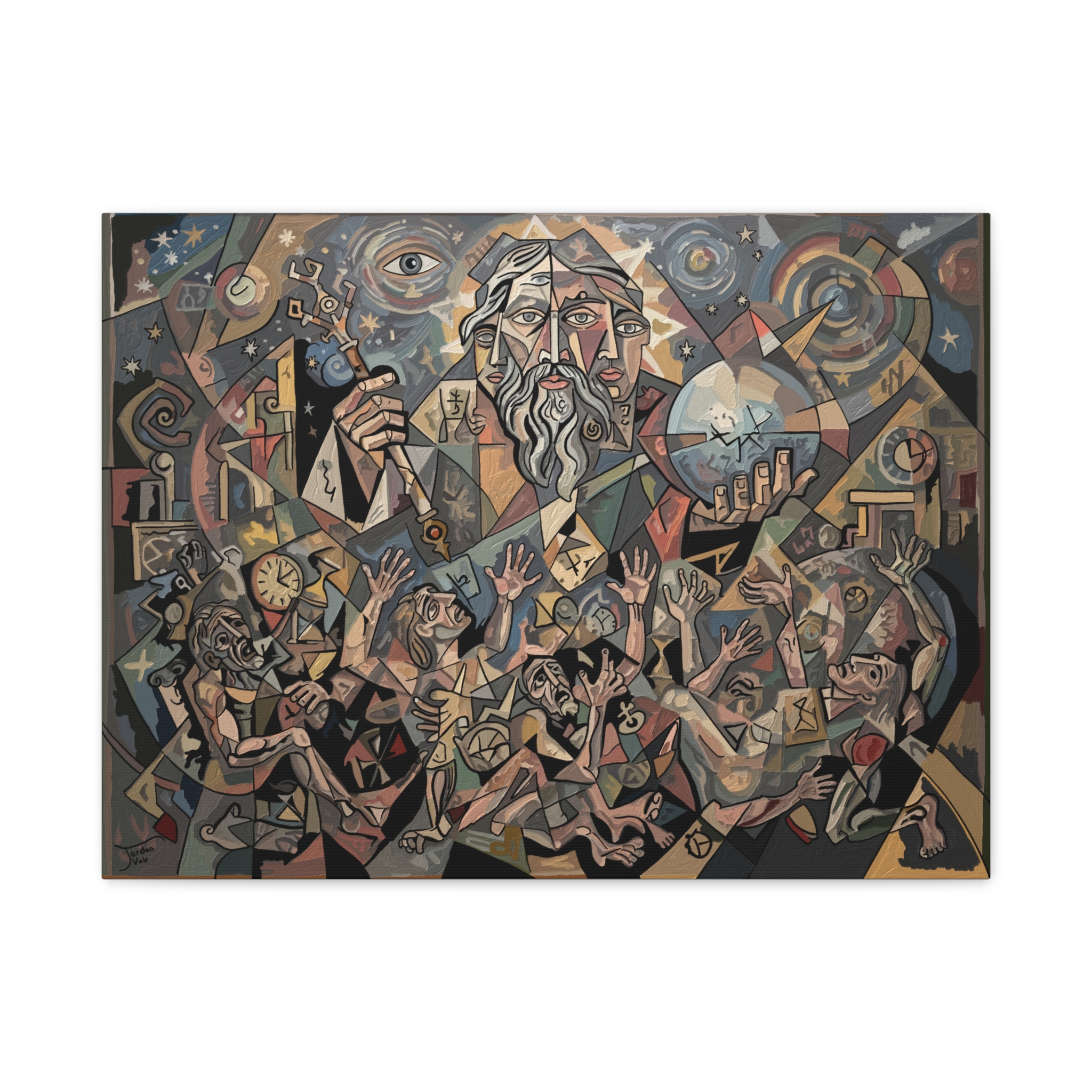 Keeper of the Hours - Cubist Father Time Art Print, Tyranny of Time Wall Art, Chronos Clocks Surreal Abstract Figurative Painting