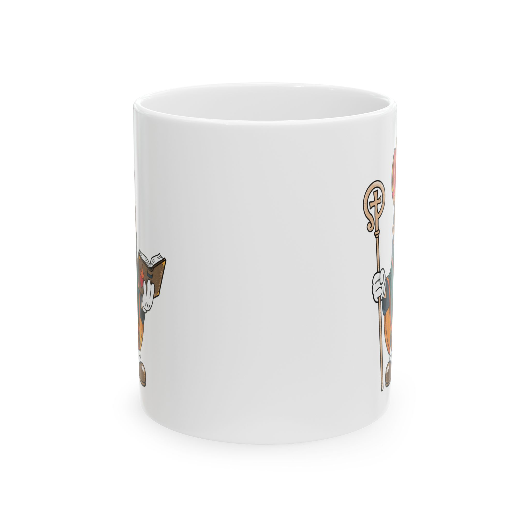 Cartoon St. Augustine Bishop Illustration Mug | Religious Clergy Coffee Cup, Bible and Crosier Design